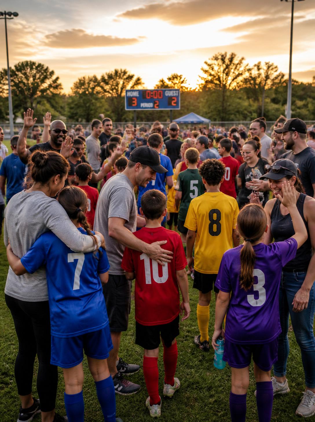 Youth soccer team huddled together after a game