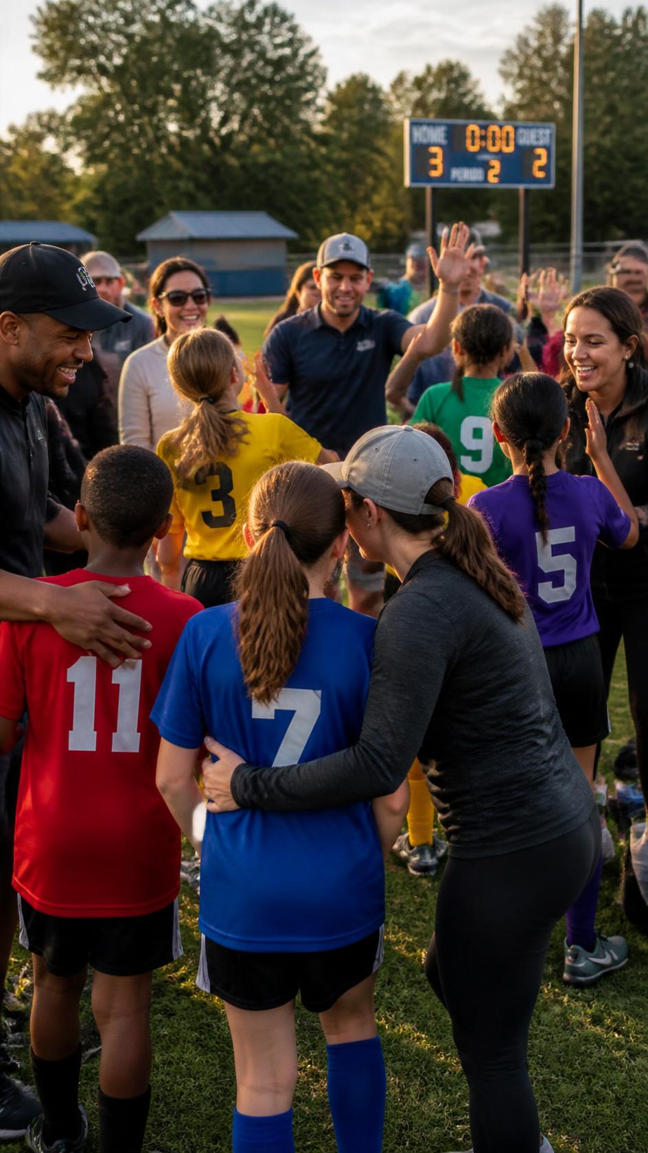 Youth sports players huddled together in team jerseys