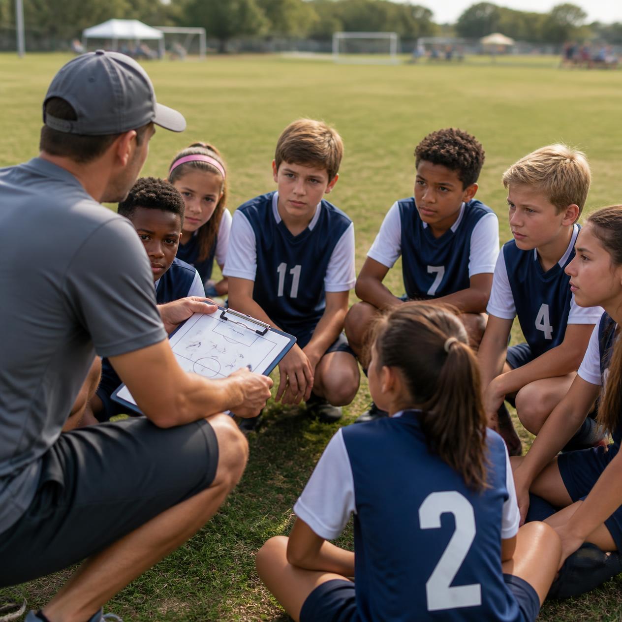 Youth sports team huddled together during a game
