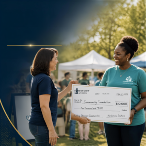 One woman presenting large donation check to another woman