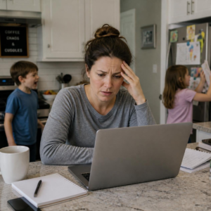 female working on computer with frustrated expression
